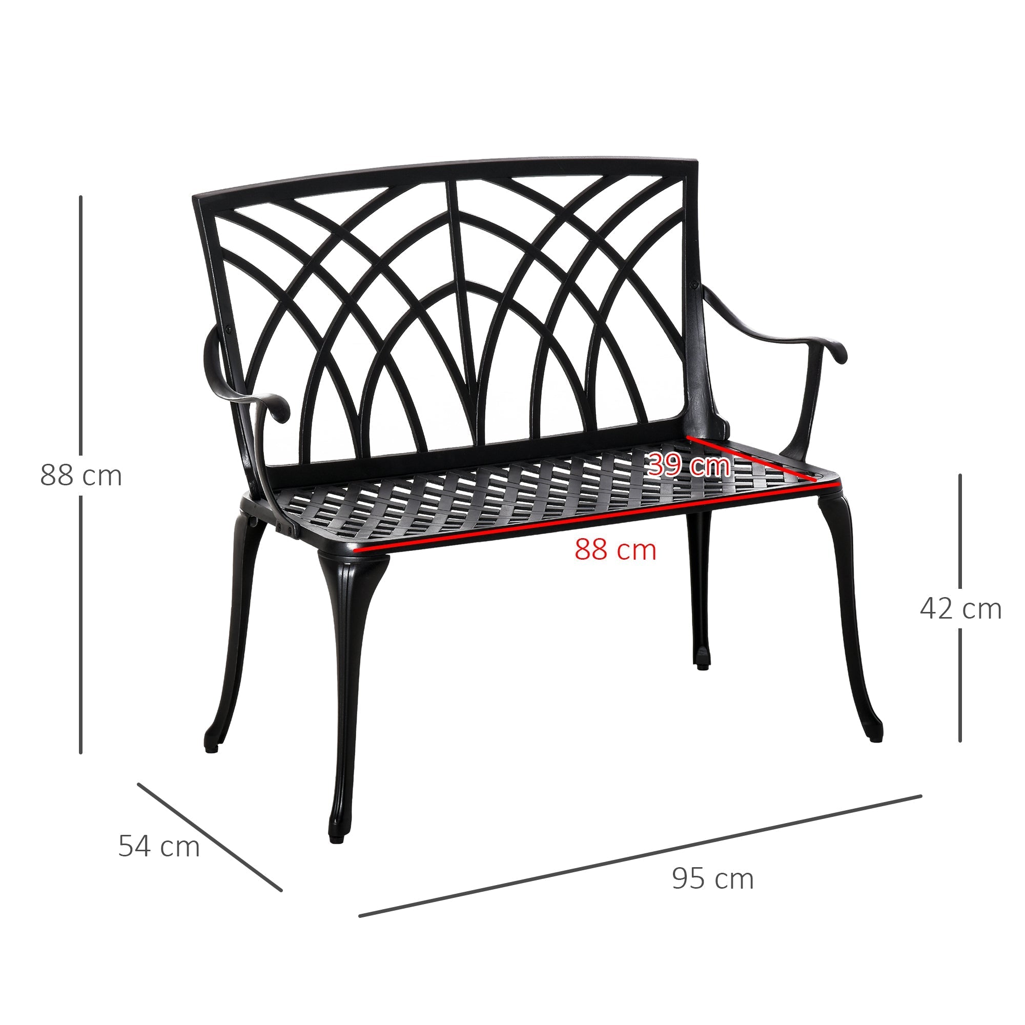 Black cast aluminium garden bench with curved line design and decorative arched backrest for outdoor patio seating