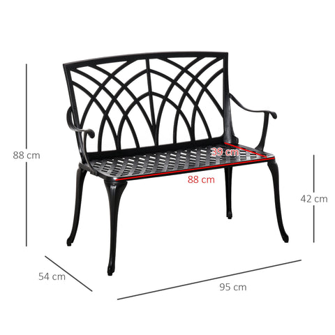 Black cast aluminium garden bench with curved line design and decorative arched backrest for outdoor patio seating