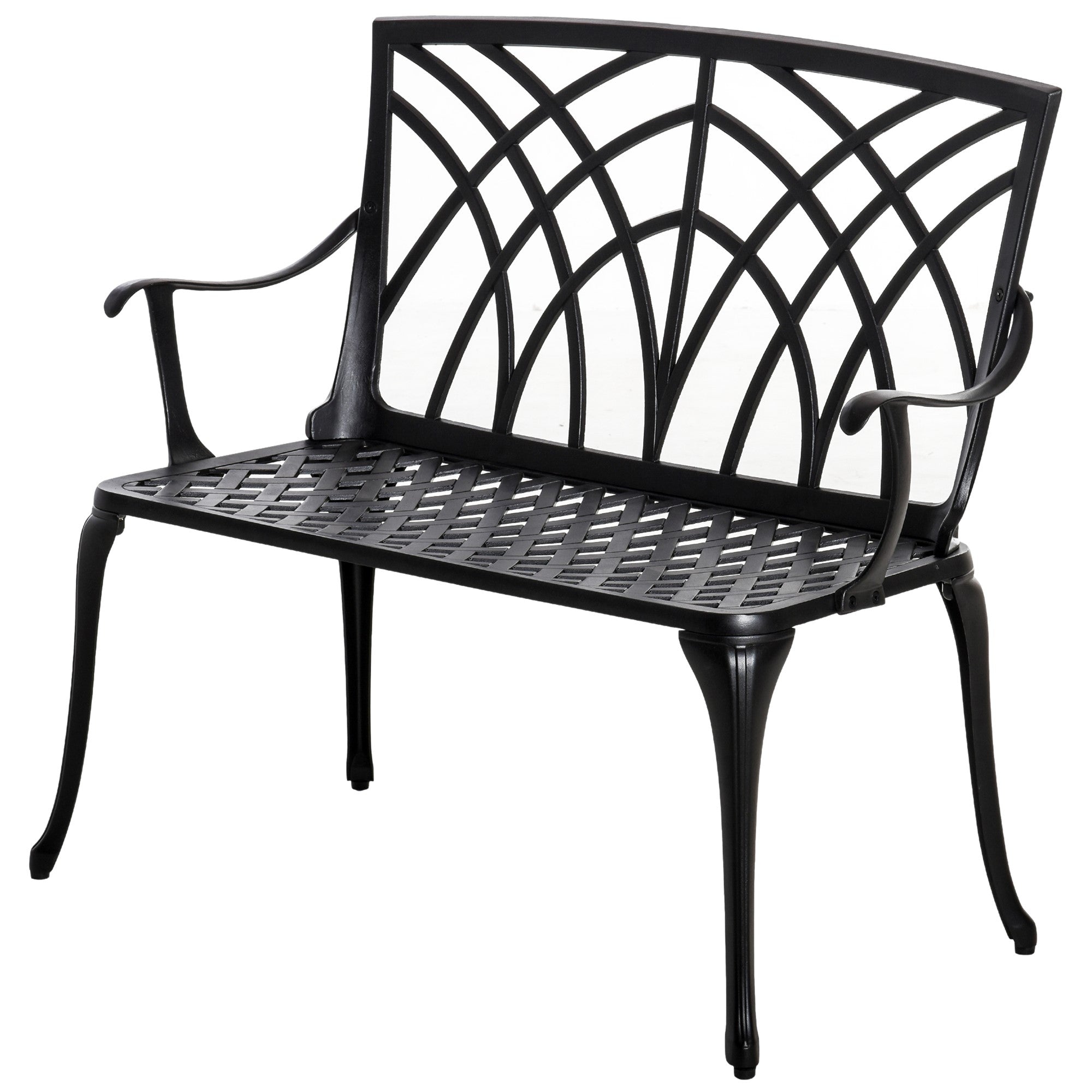 Black cast aluminium garden bench with decorative arched back and lattice seat featuring curved line design