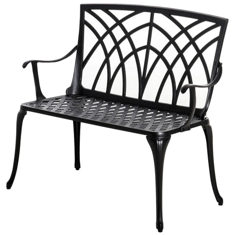 Black cast aluminium garden bench with decorative arched back and lattice seat featuring curved line design