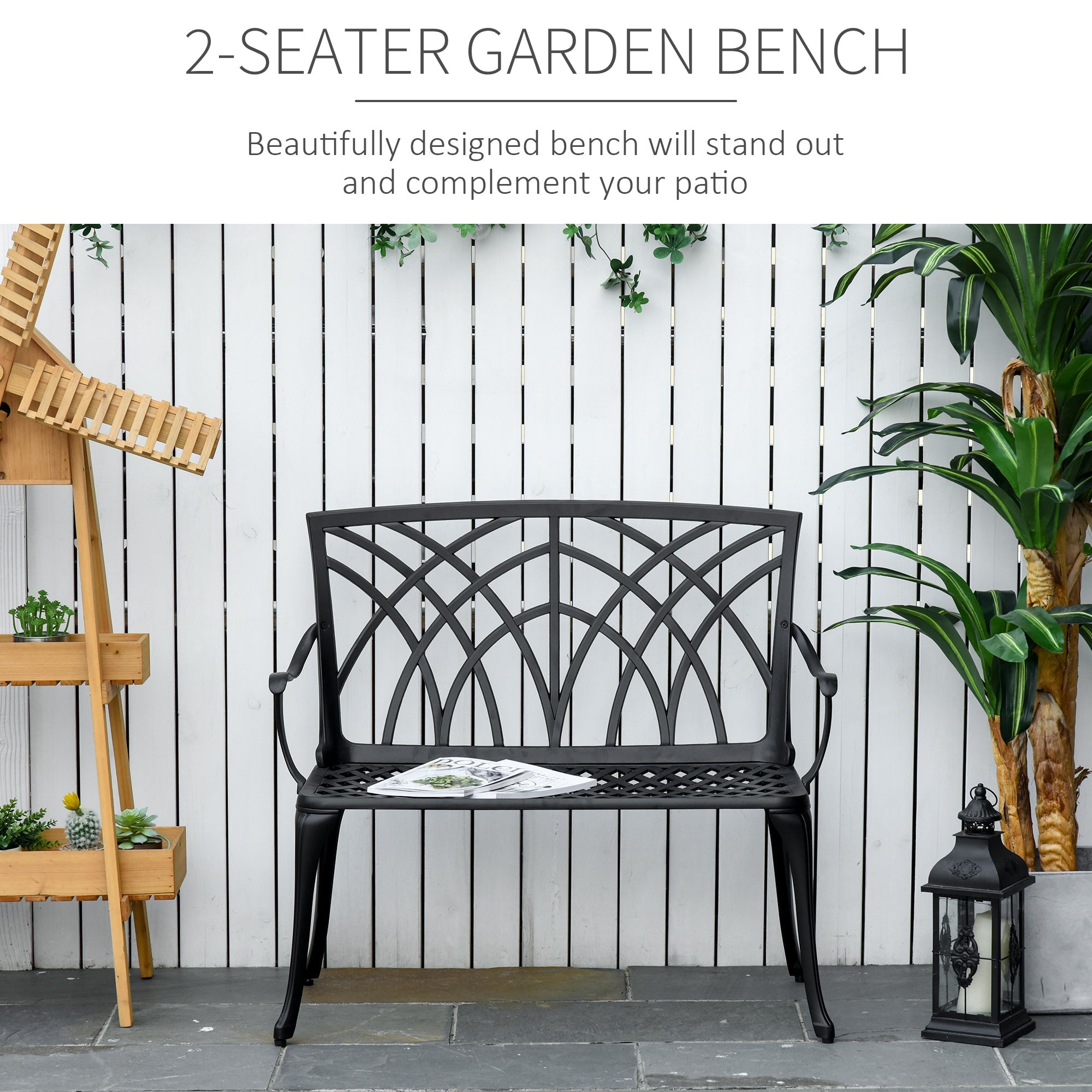 Black cast aluminium 2-seater garden bench with intricate curved line design and decorative arched backrest