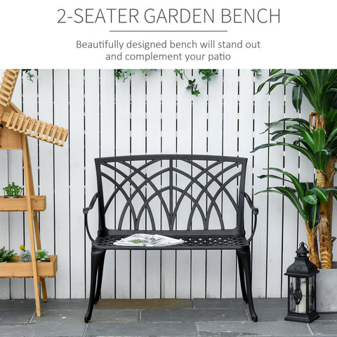 Black cast aluminium 2-seater garden bench with intricate curved line design and decorative arched backrest