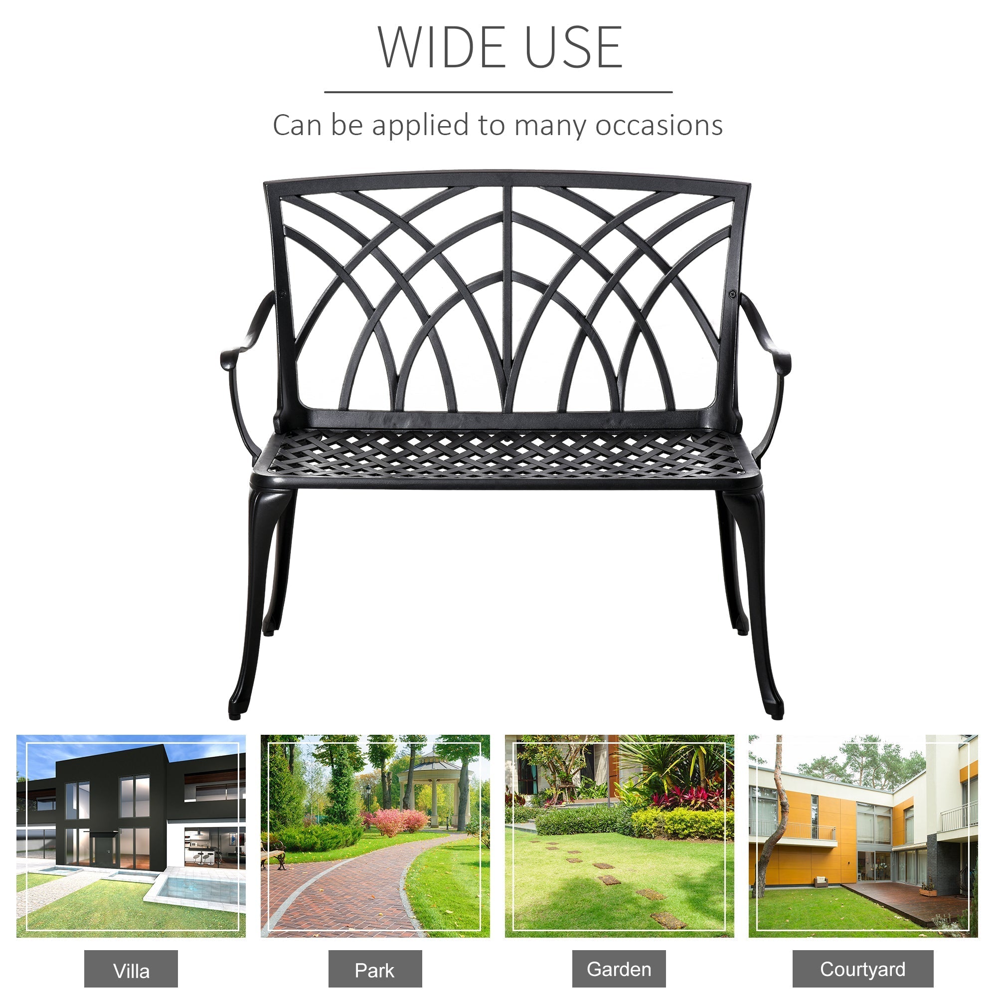Black cast aluminium garden bench with decorative arched back and lattice seat for patio with curved line design