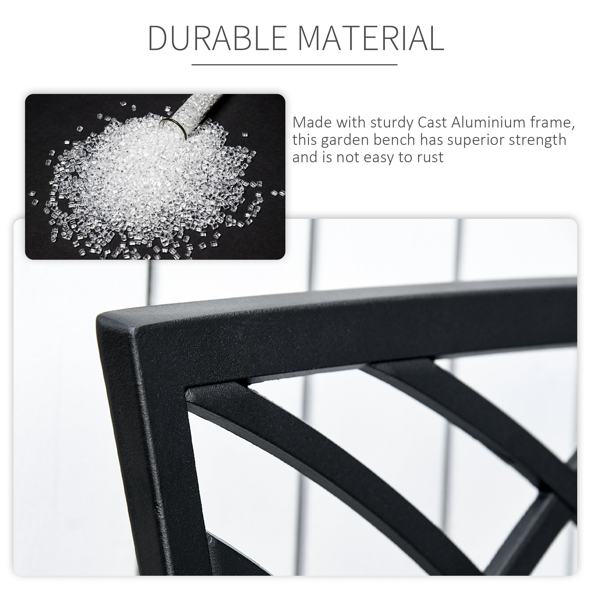 Black cast aluminium garden bench frame with rust-resistant sturdy design and curved line design for outdoor use