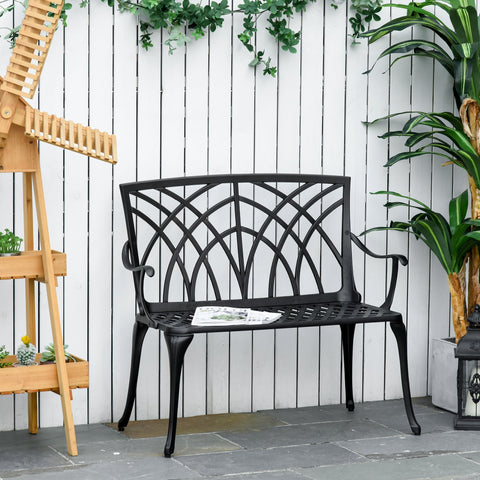 Black cast aluminium garden bench with curved line design and intricate arched back for outdoor patio use