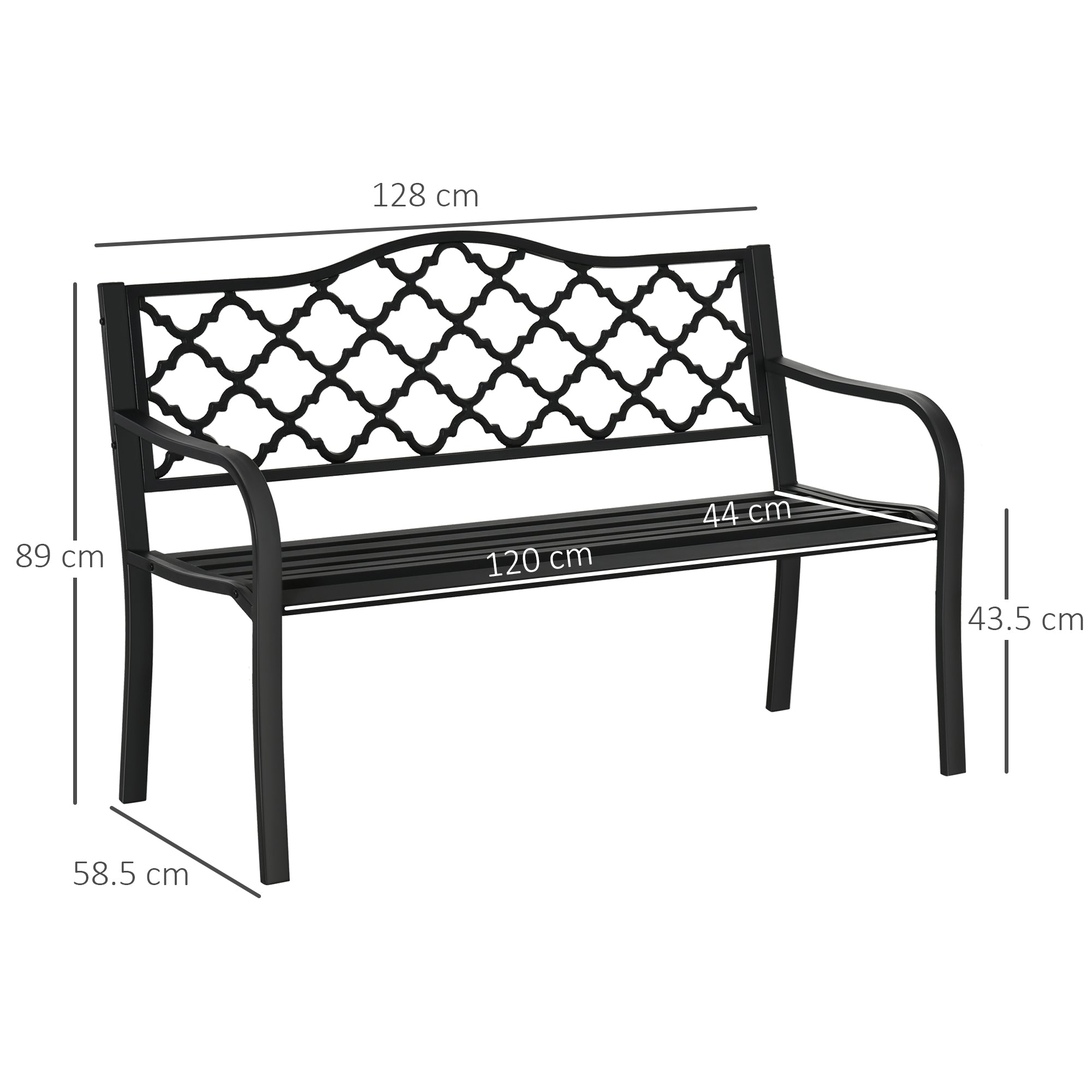 Black cast iron garden bench with decorative lattice back and slatted seat for yard porch patio use