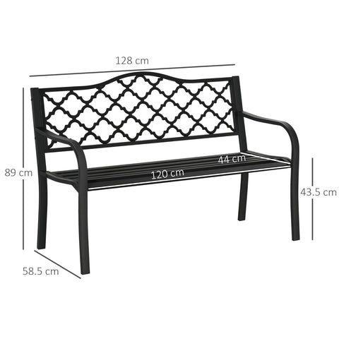 Black cast iron garden bench with decorative lattice back and slatted seat for yard porch patio use