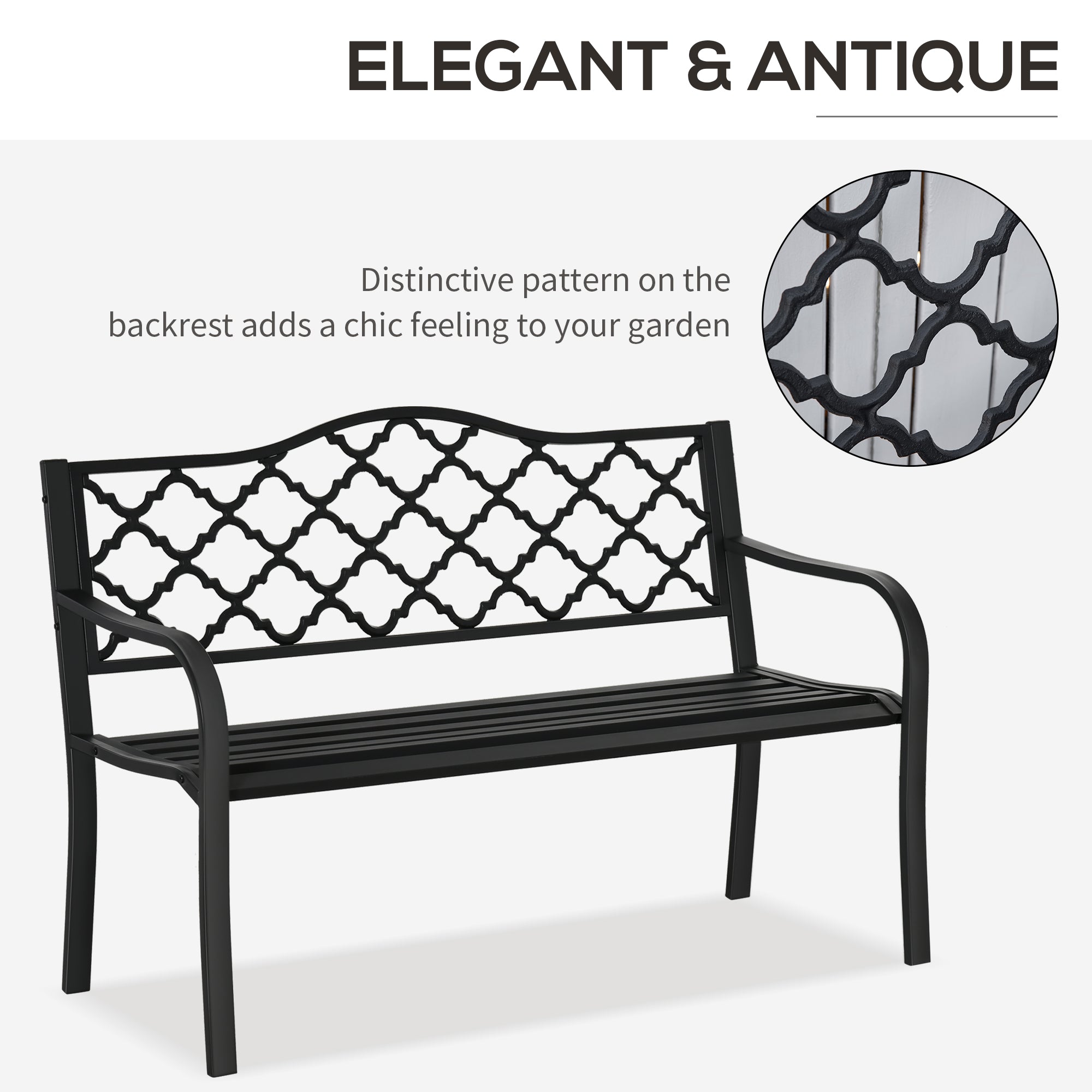 Black cast iron garden bench with antique-inspired quatrefoil backrest perfect for yard porch or patio seating