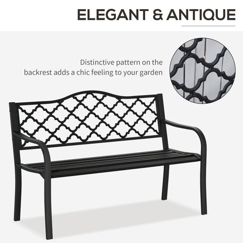 Black cast iron garden bench with antique-inspired quatrefoil backrest perfect for yard porch or patio seating
