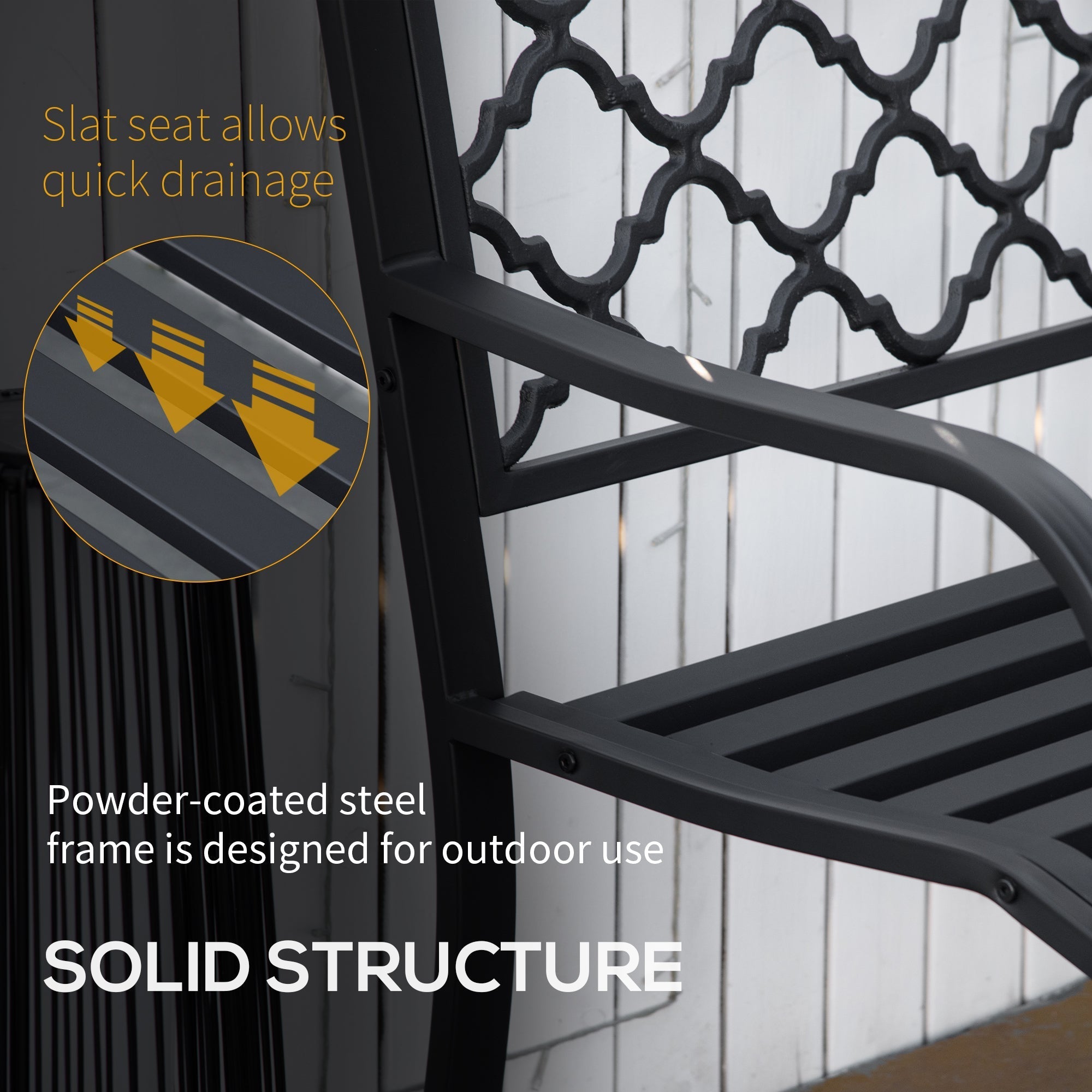 Black powder-coated steel Outsunny 2-seater garden bench with decorative lattice back and slat seat for yard and patio use