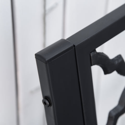 Black metal frame corner with matte finish and ornate scrollwork on outsunny cast iron garden bench for yard and patio