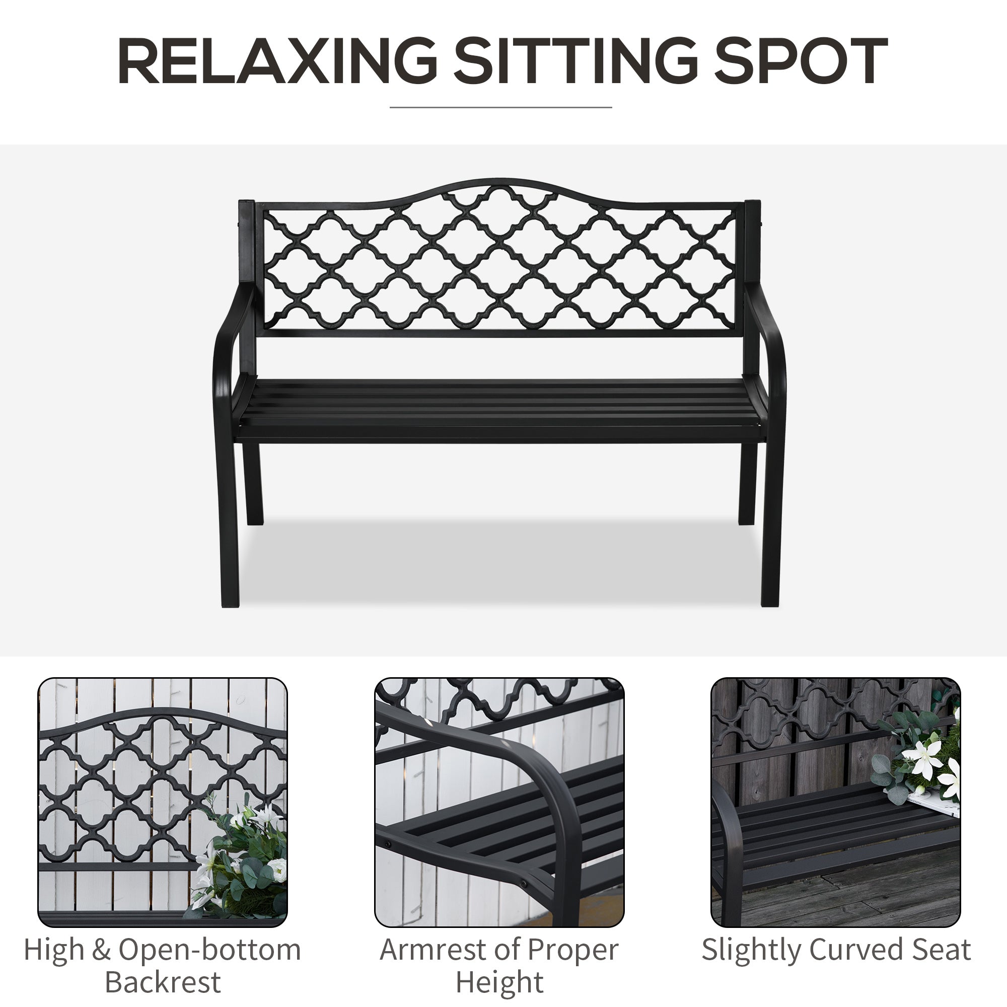 Black cast iron outdoorsy garden bench with decorative lattice backrest and slatted seat for yard and patio use