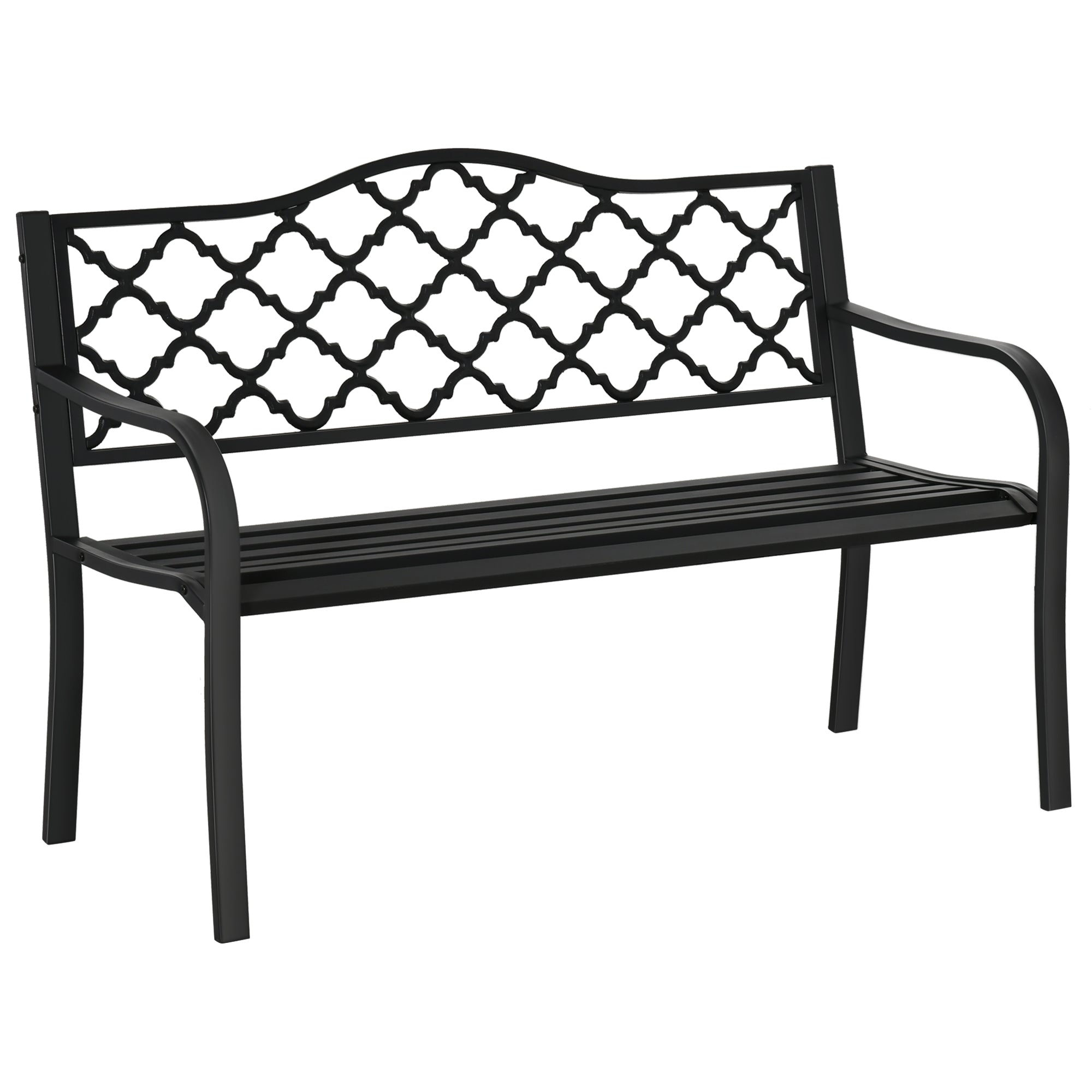 Black wrought iron outsunny 2-seater garden bench with decorative lattice back and slatted seat for outdoor use