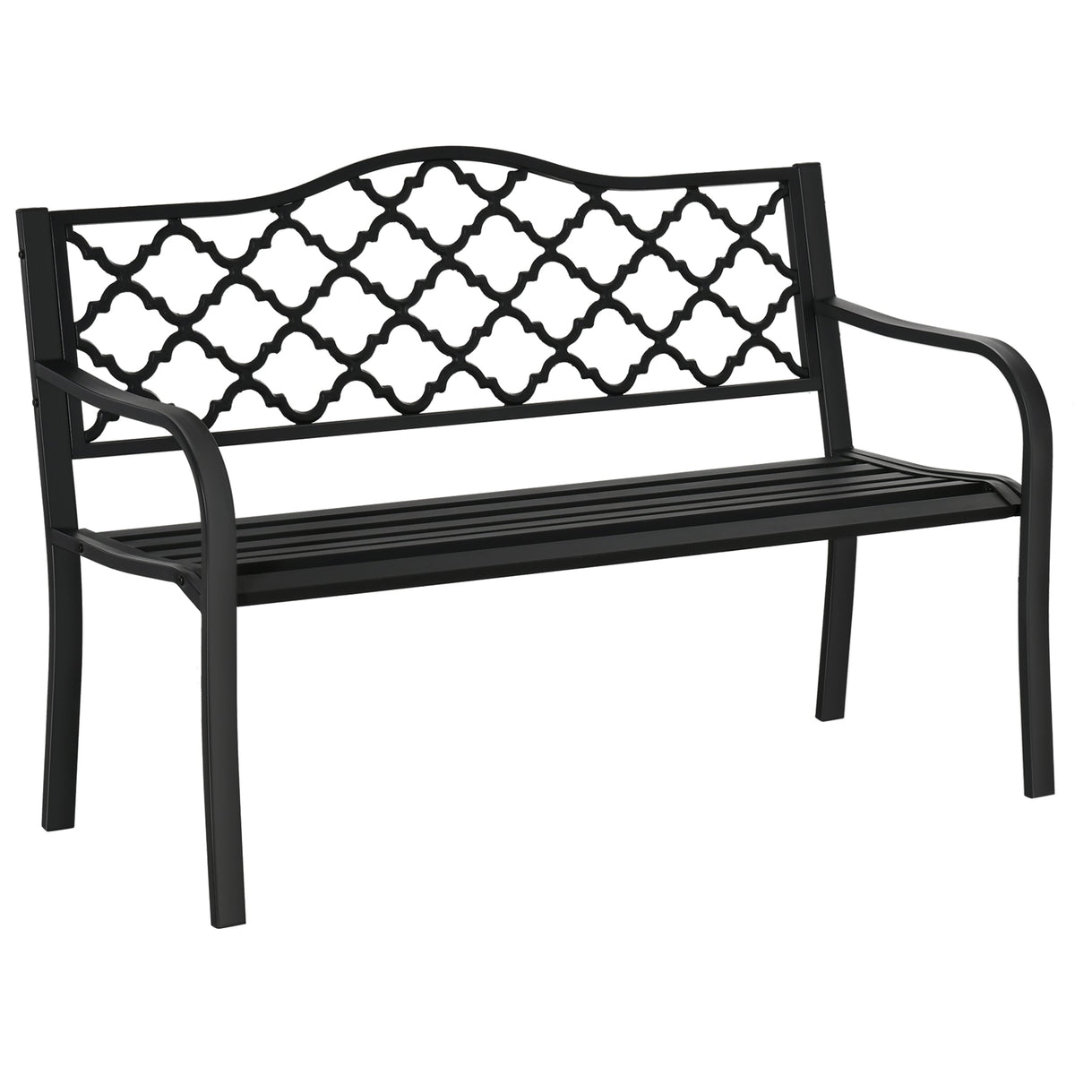 Black wrought iron outsunny 2-seater garden bench with decorative lattice back and slatted seat for outdoor use