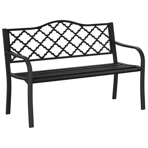 Black wrought iron outsunny 2-seater garden bench with decorative lattice back and slatted seat for outdoor use
