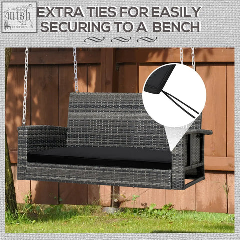 Black woven wicker porch swing with outsunny two-seater bench cushion in polyester fabric and two tie fastenings