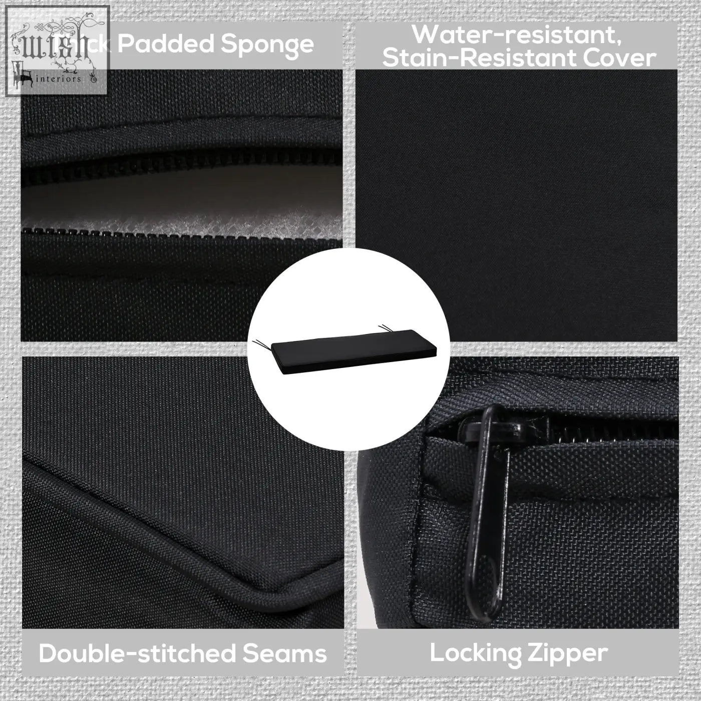 Outsunny black two-seater bench cushion with polyester fabric, stain-resistant cover, double-stitched seams, and two tie fastenings