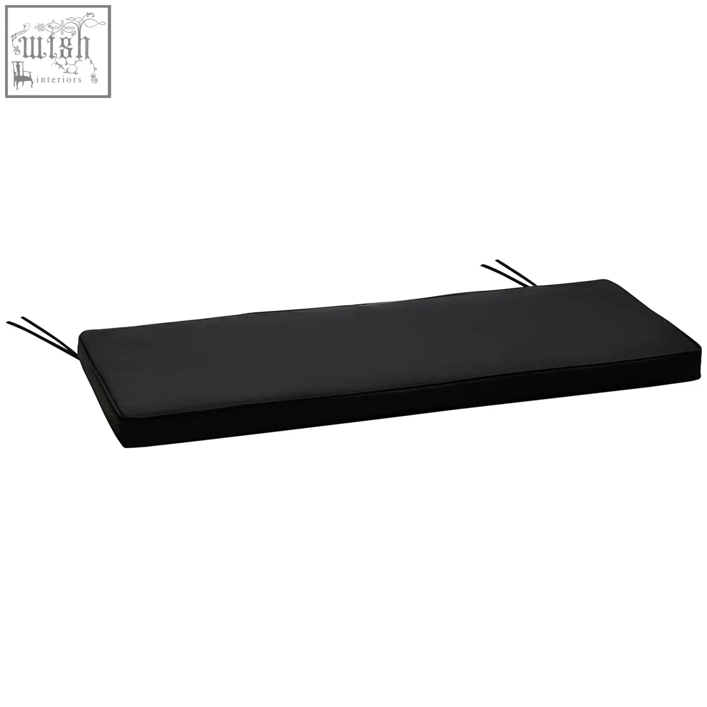 Black rectangular bench cushion with polyester fabric and two tie fastenings for outdoor garden bench or swing chair