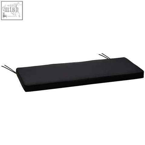 Black rectangular bench cushion with polyester fabric and two tie fastenings for outdoor garden bench or swing chair