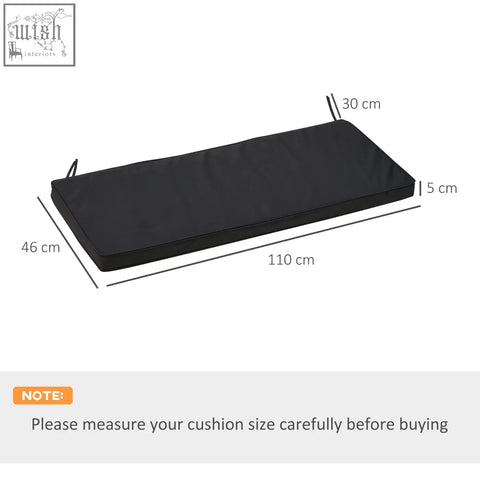 Black outsunny bench cushion with thick padding, reinforced corners, two tie fastenings, and durable polyester fabric