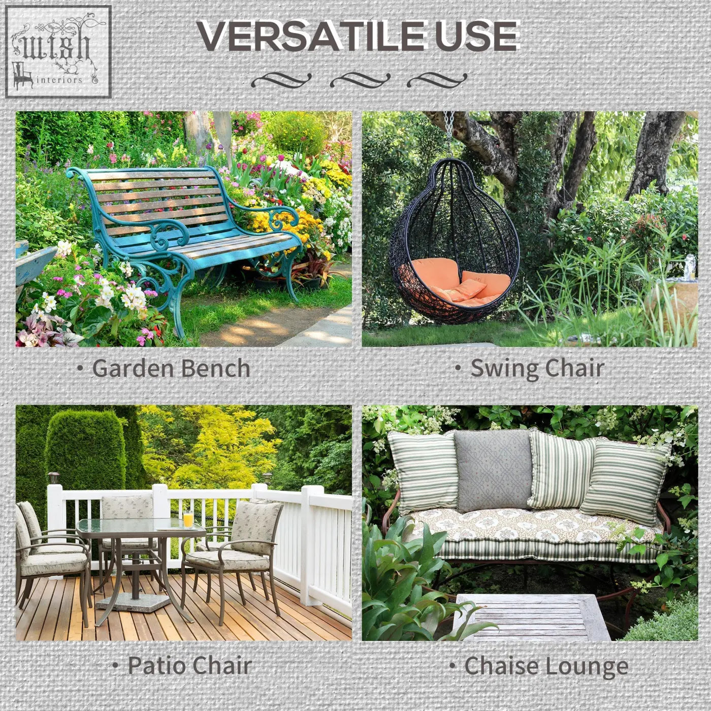 Black woven swing chair with orange polyester fabric cushion featuring two tie fastenings for secure outdoor use