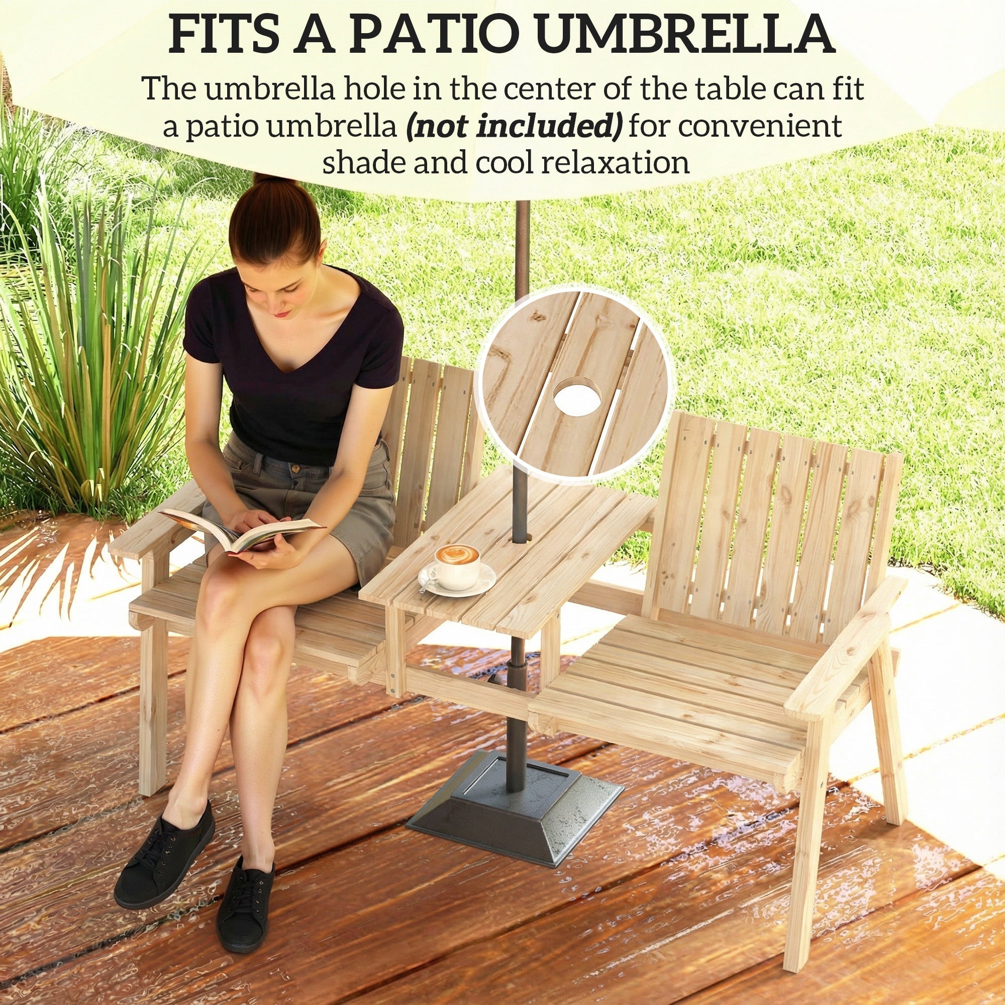Light-colored fir wood patio bench with natural wood finish two seats table and umbrella hole for outdoor use