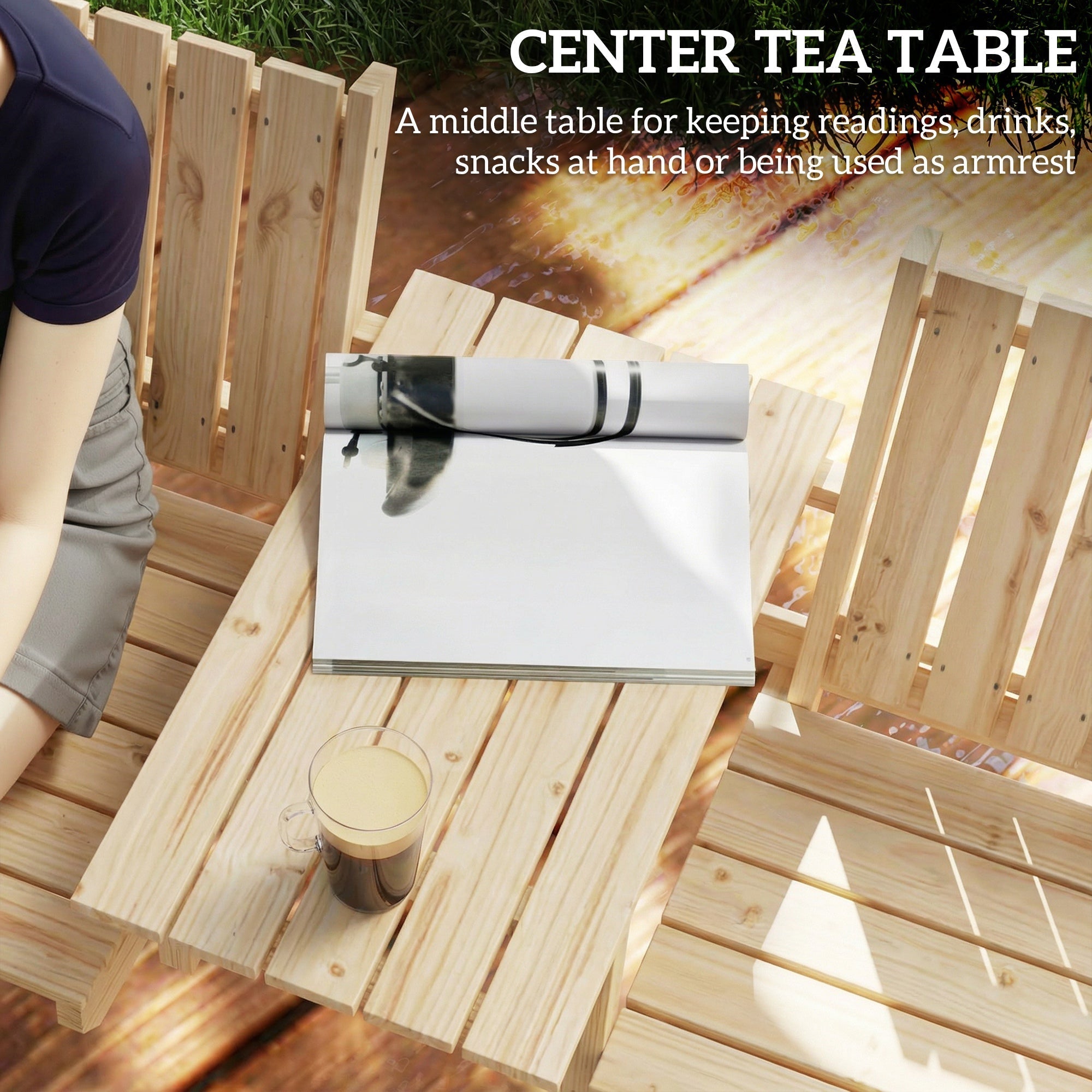 Light-colored fir wood center tea table with slatted design and white surface in natural wood finish for two seats