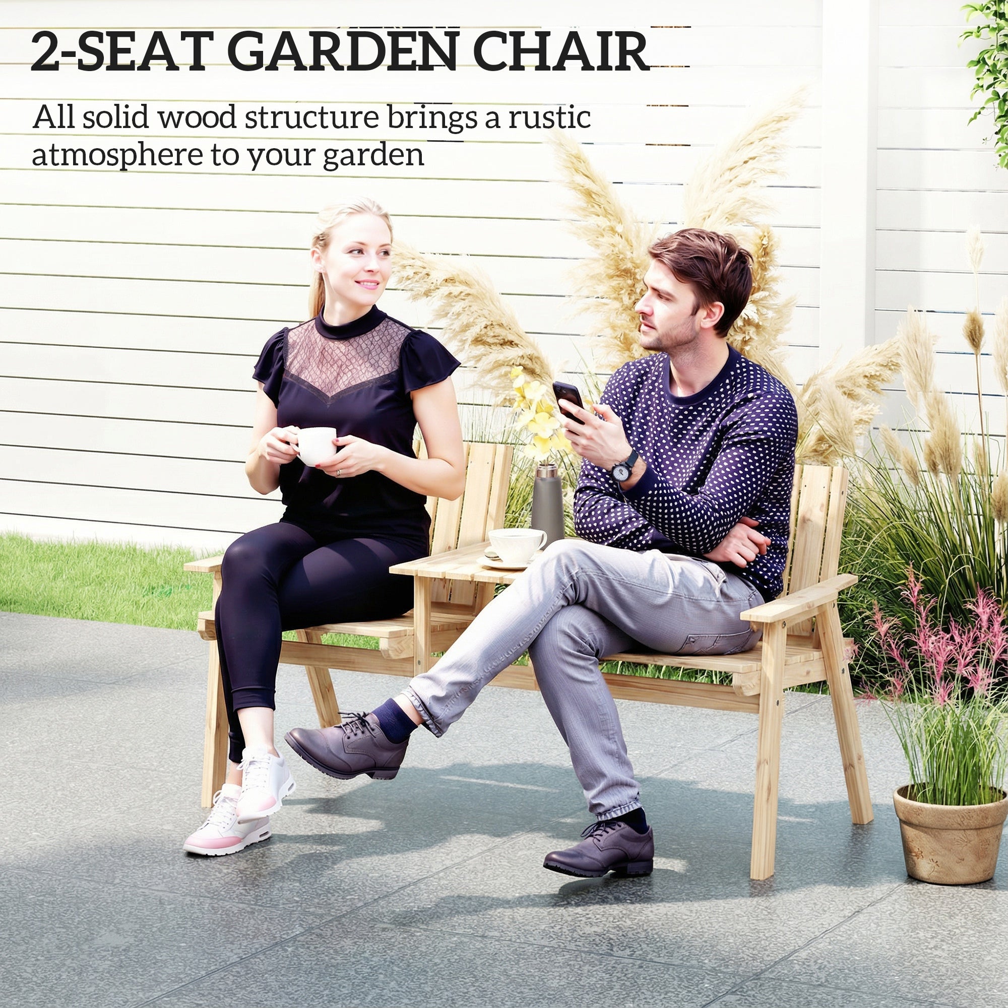 Outsunny 2-seat garden loveseat in natural wood finish with fir wood and parasol hole for porch or patio seating