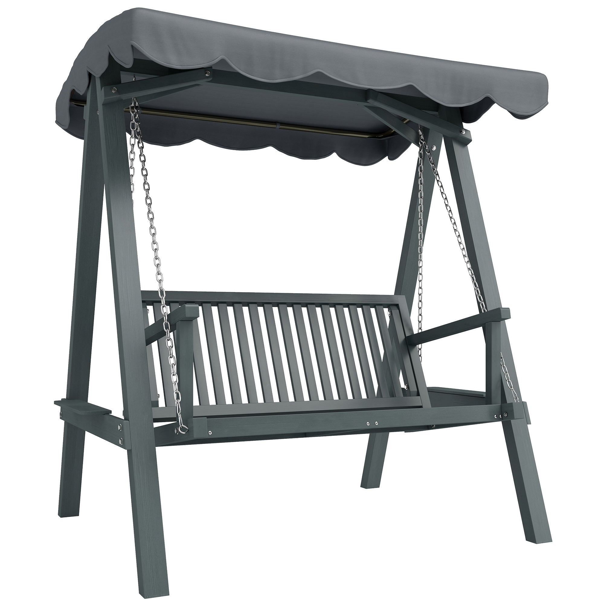 Dark gray wooden swing chair outdoor with matching canopy and metal chains for garden swings and patio use