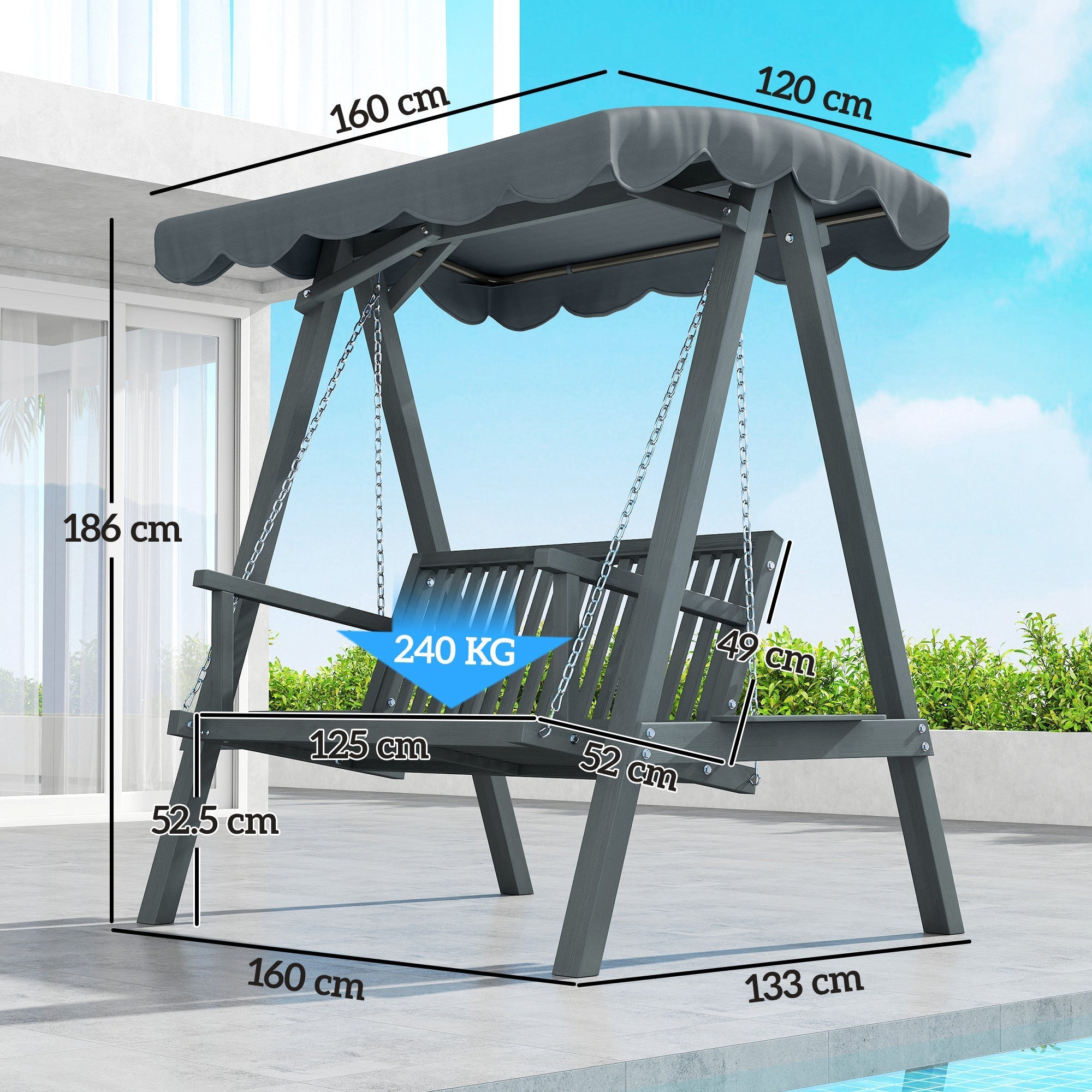 Dark gray metal framed swing chair outdoor with canopy and slatted wooden seat for garden swings up to 240 kg capacity