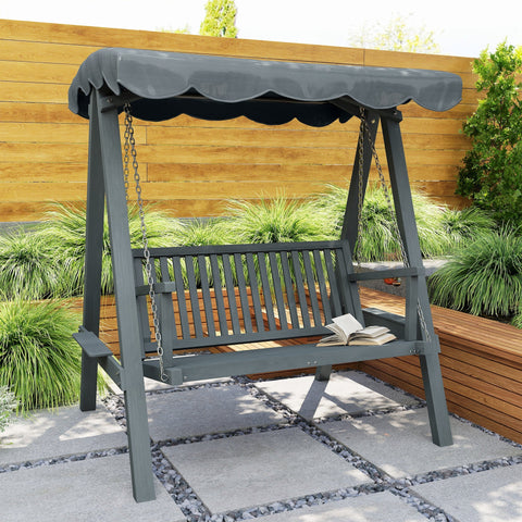 Dark gray wooden swing chair outdoor with scalloped canopy and chain suspension perfect for garden swings