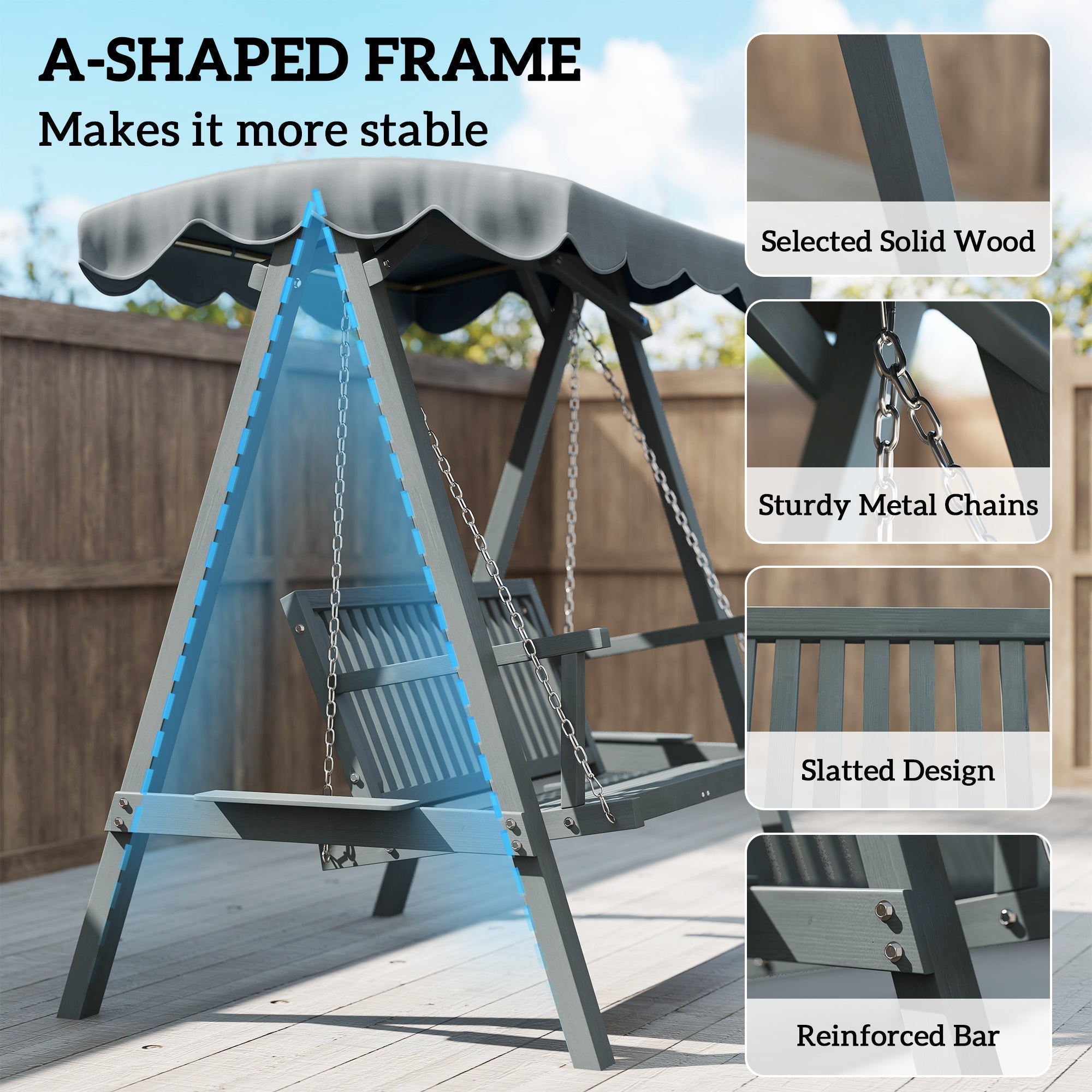 Outsunny 2 seater gray wooden swing chair outdoor with scalloped canopy and metal chains for garden swings