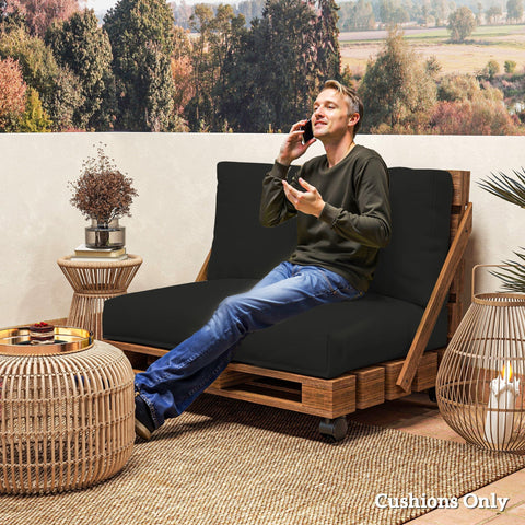Black seat cushion set for wooden pallet lounge chair 120l x 80w made of upf20+ 220gsm fabric pallet furniture cushions