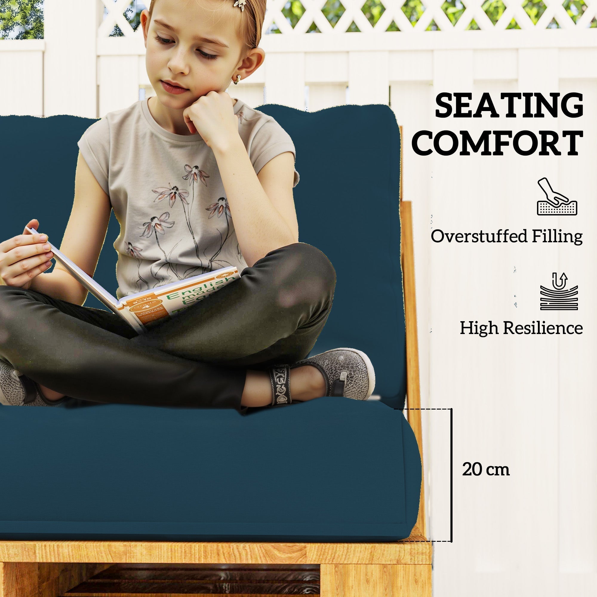 Deep teal outdoor seat cushion with overstuffed filling and high resilience for pallet furniture cushions 120l x 80w