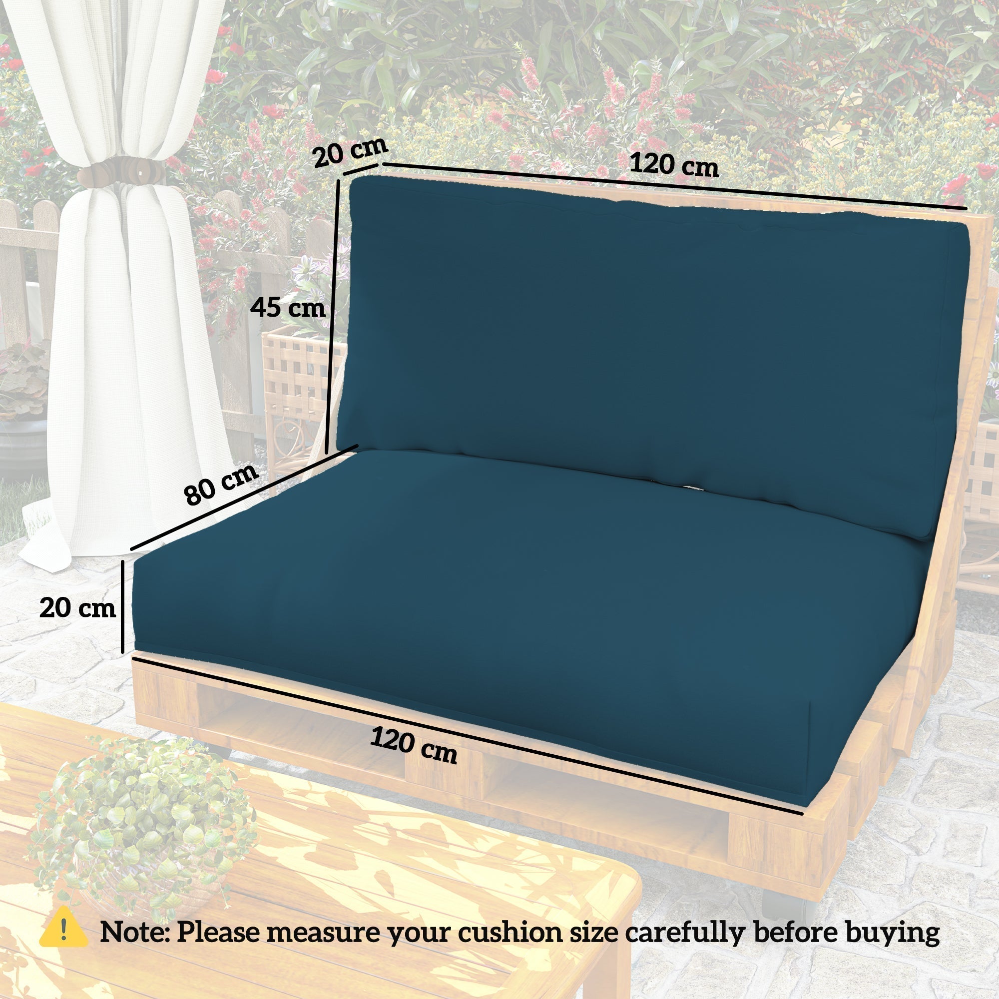 Deep teal 2 seater pallet furniture cushions with wooden frame and 20 cm thick seat cushion for outdoor use 120l x 80w