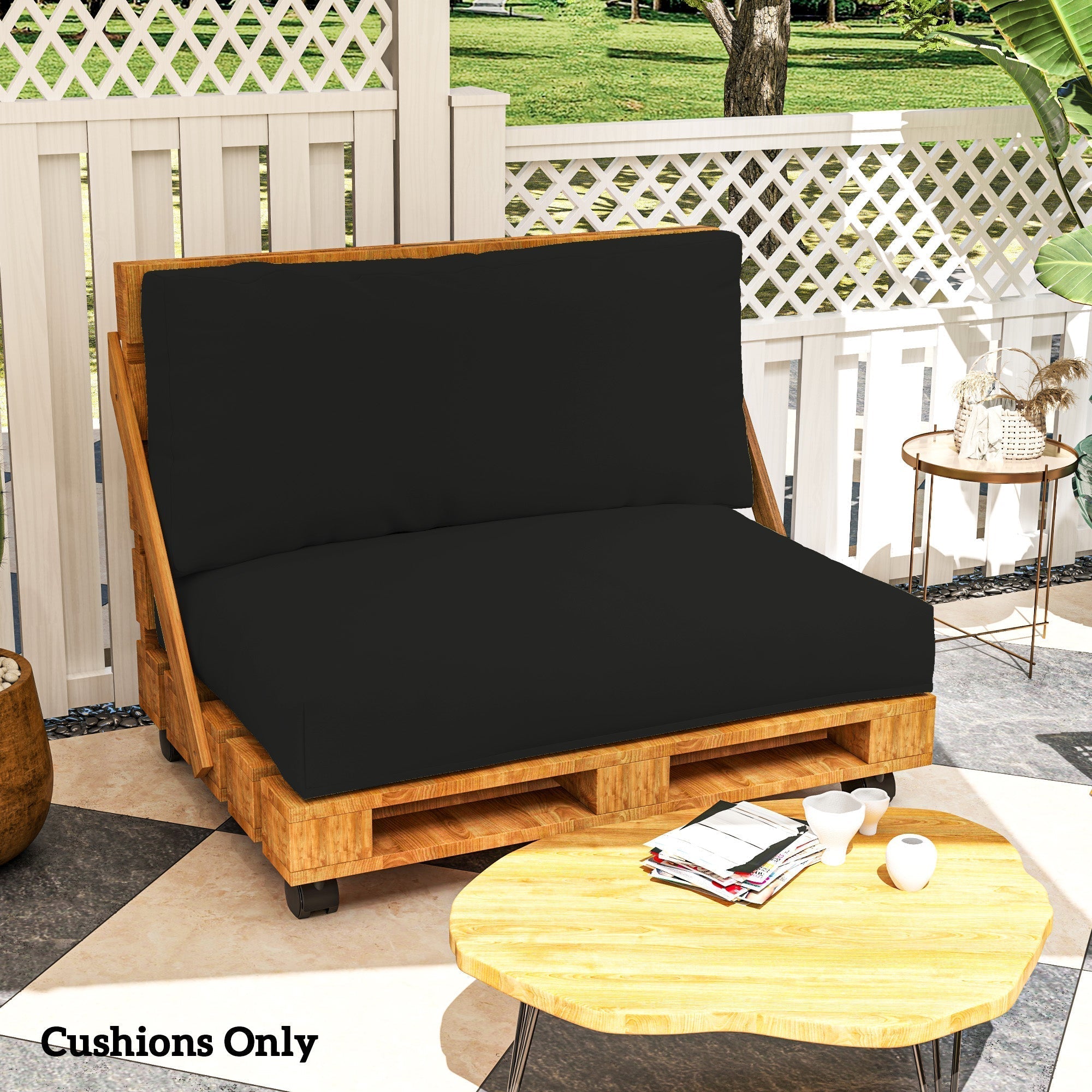 Black outdoor seat cushions for pallet furniture cushions 120l x 80w with plush 220gsm fabric and 20 cm thickness
