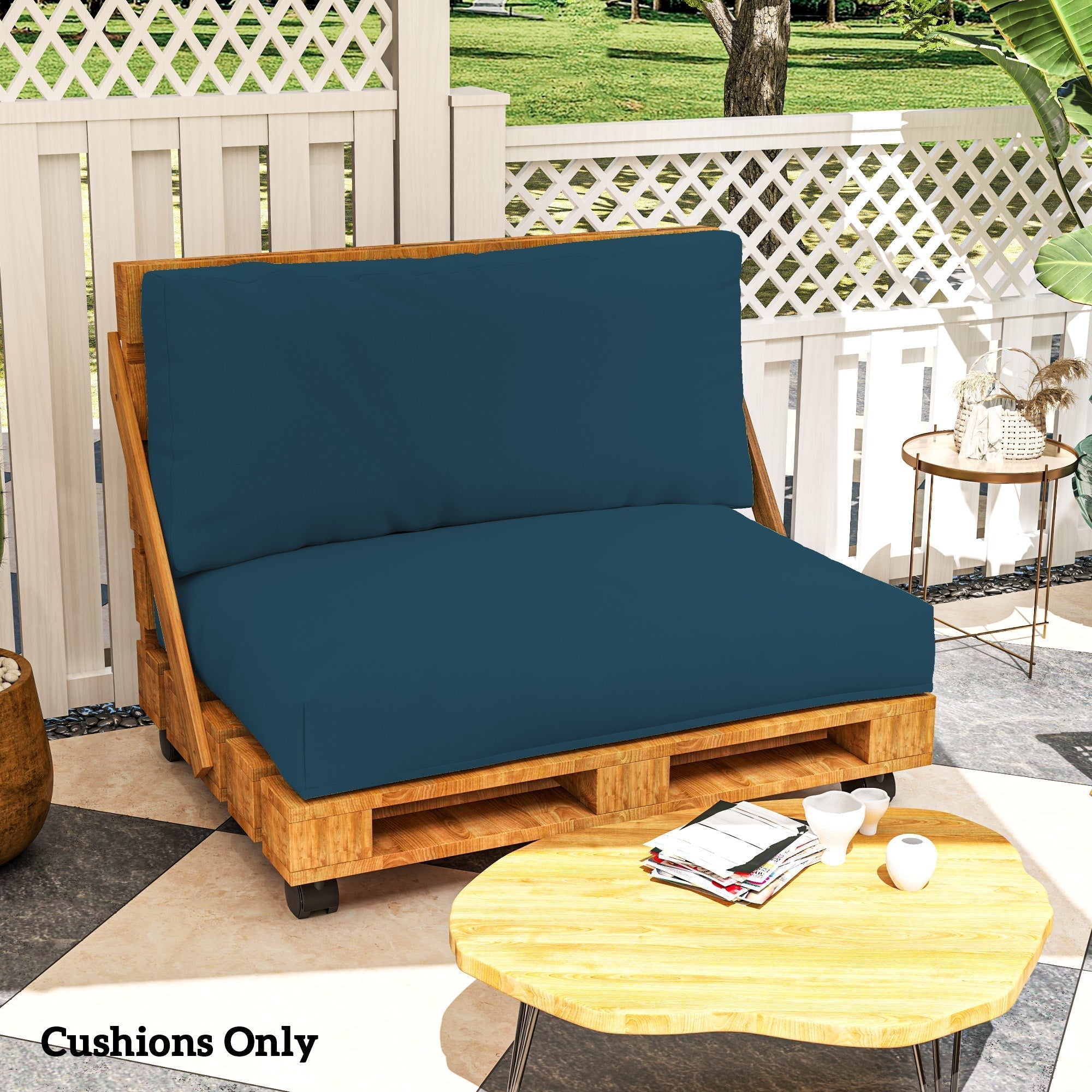 Navy blue outsunny pallet furniture cushions made of upf20+ 220gsm fabric with 20 cm thick seat cushions 120l x 80w