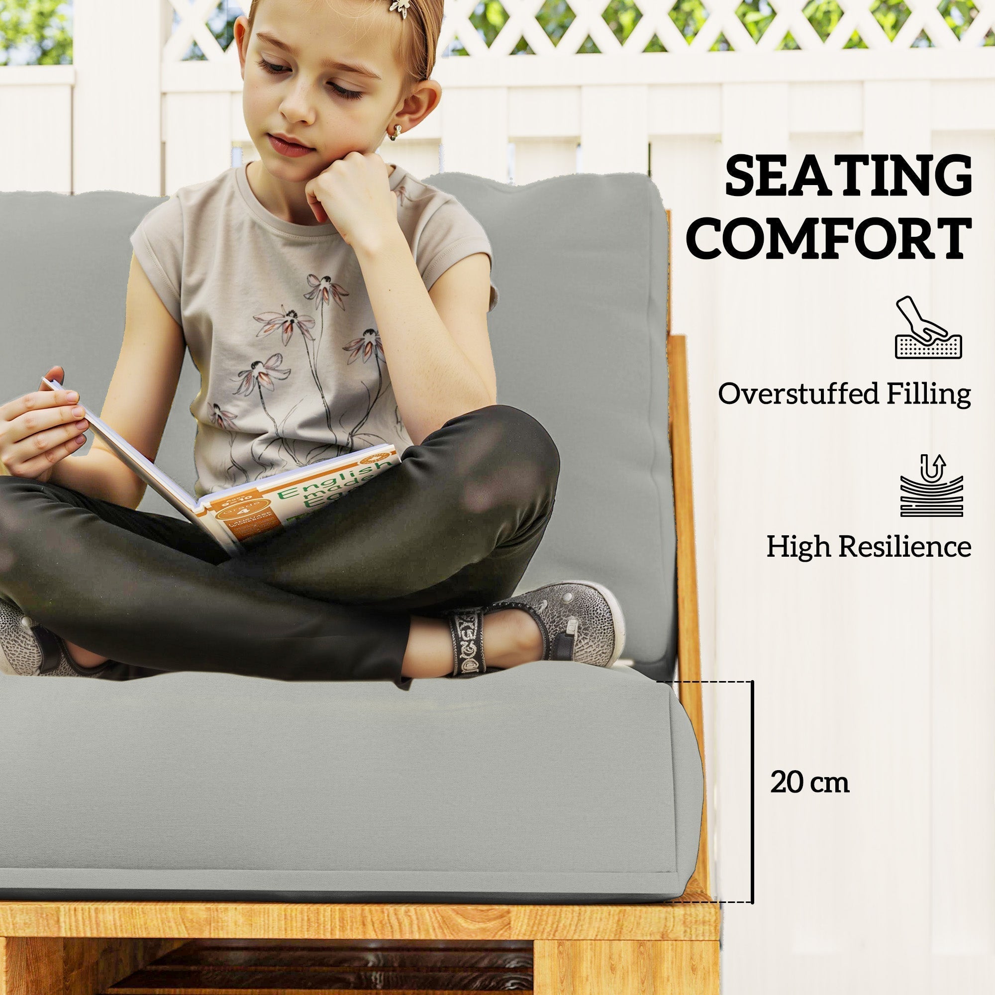 Gray overstuffed seat cushion with high resilience filling for pallet furniture cushions 120l x 80w outdoor use