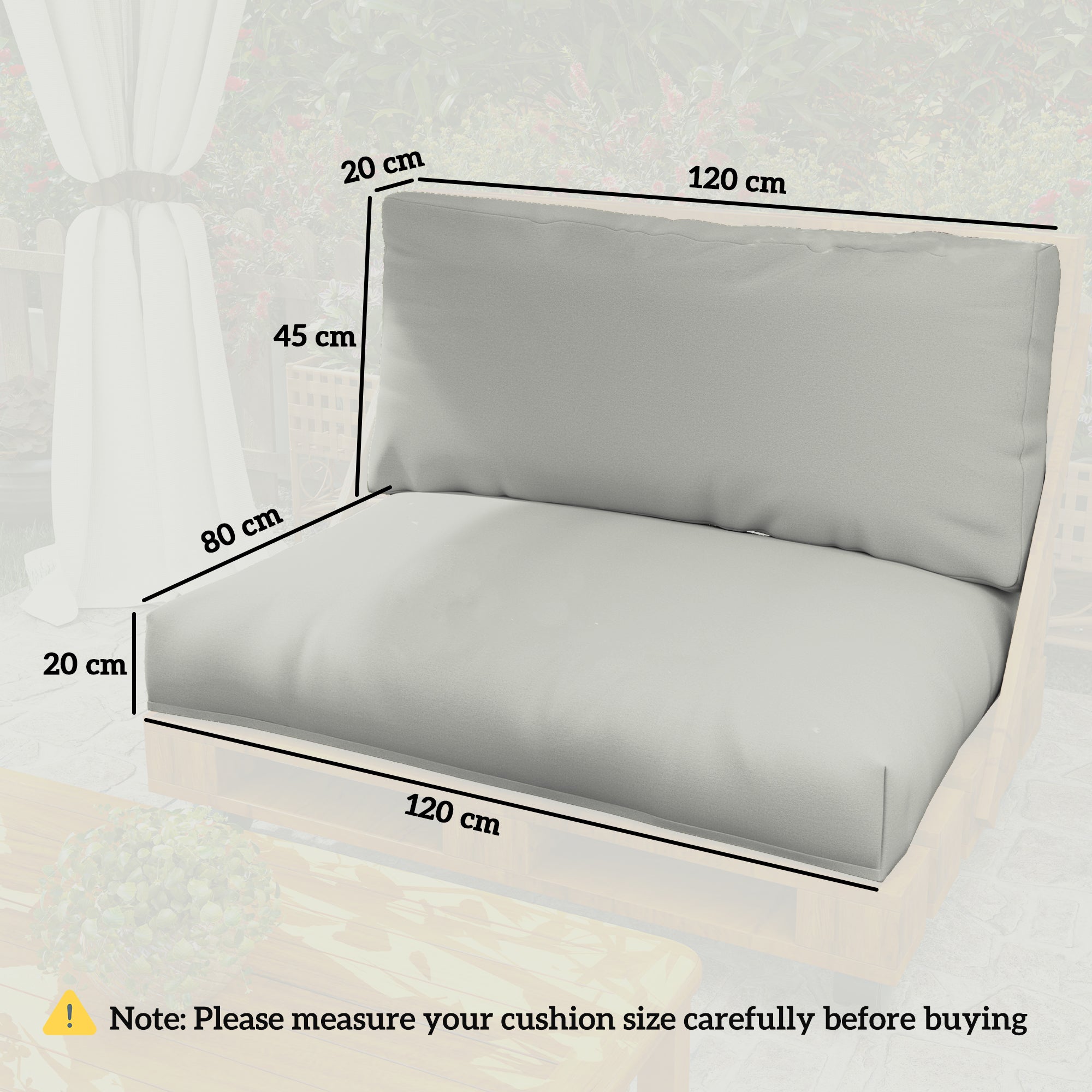 Light grey seat cushion set for pallet furniture cushions 120l x 80w made of upf20+ 220gsm outdoor fabric