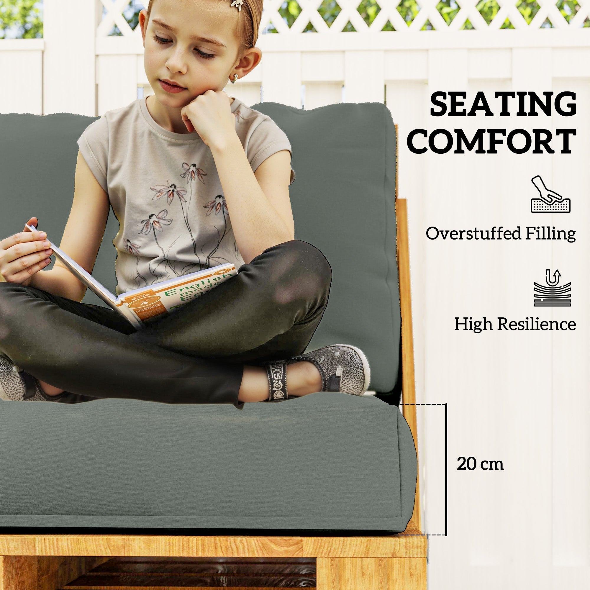 Gray overstuffed seat cushion with high resilience filling for pallet furniture cushions 120l x 80w outdoors