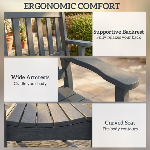 Dark gray wooden outdoor rocking chair with wide armrests and curved seat for all-weather hdpe garden bench furniture