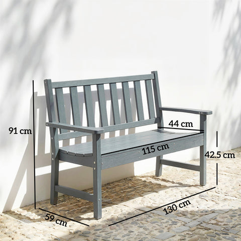 Gray outdoor garden bench with slatted back and seat made from all-weather hdpe for durable outdoor furniture