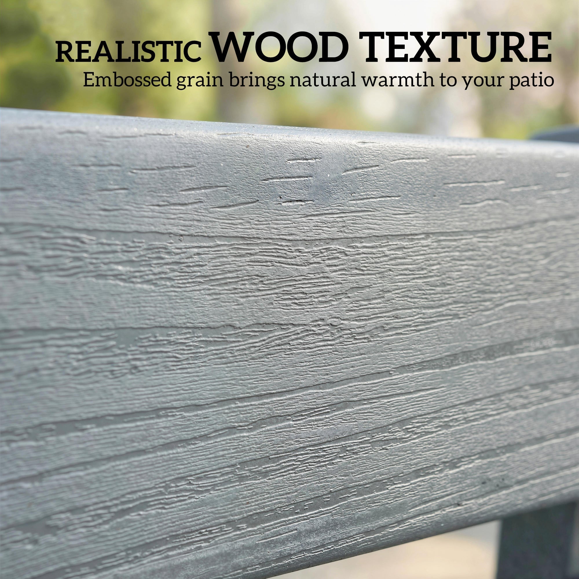 Gray outdoor deck board with realistic wood texture and embossed grain on outsunny all-weather hdpe garden bench