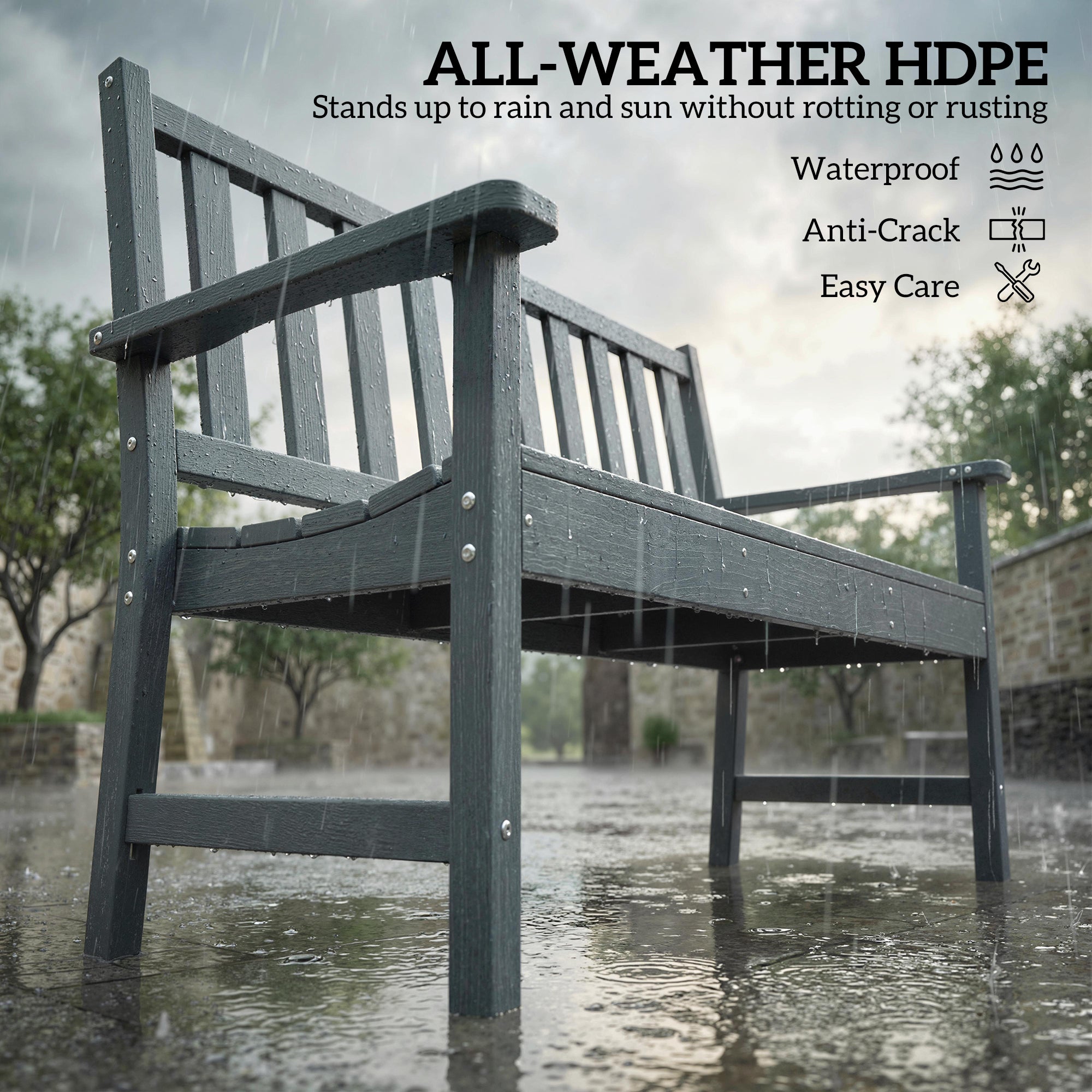 Dark gray all-weather hdpe outsunny 2 seater garden bench with armrest and backrest for outdoor furniture use
