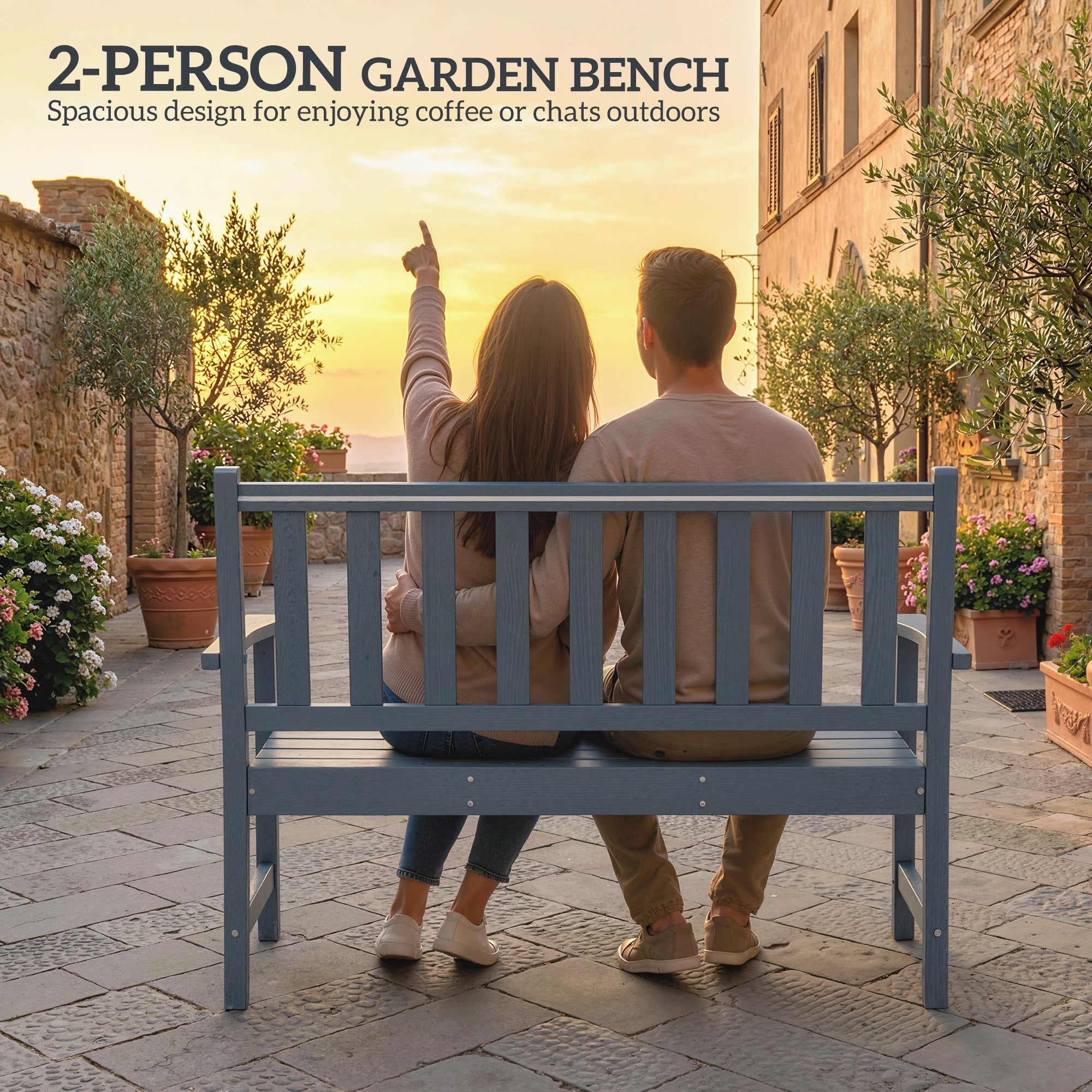 Blue wooden 2-person outsunny garden bench made of all-weather hdpe perfect outdoor furniture for patios and balconies