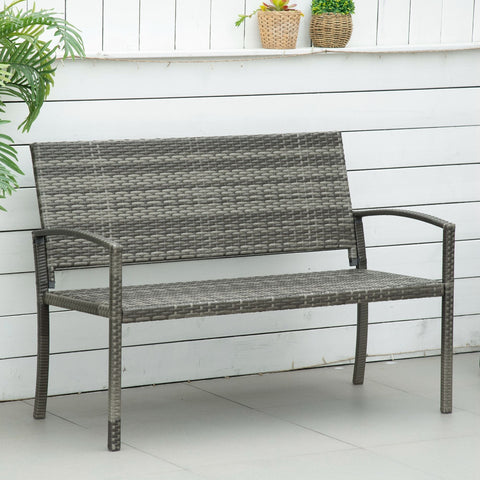 Gray woven wicker patio bench with curved armrests and backrest from outsunny 2 seater poly rattan garden bench assembly required