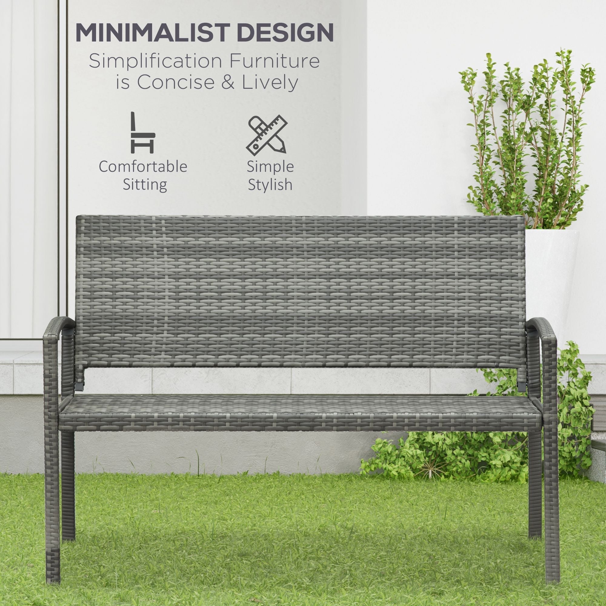 Gray woven wicker outdoor bench with armrests and backrest for patio with 240 lb load capacity assembly required