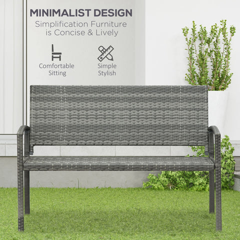 Gray woven wicker outdoor bench with armrests and backrest for patio with 240 lb load capacity assembly required