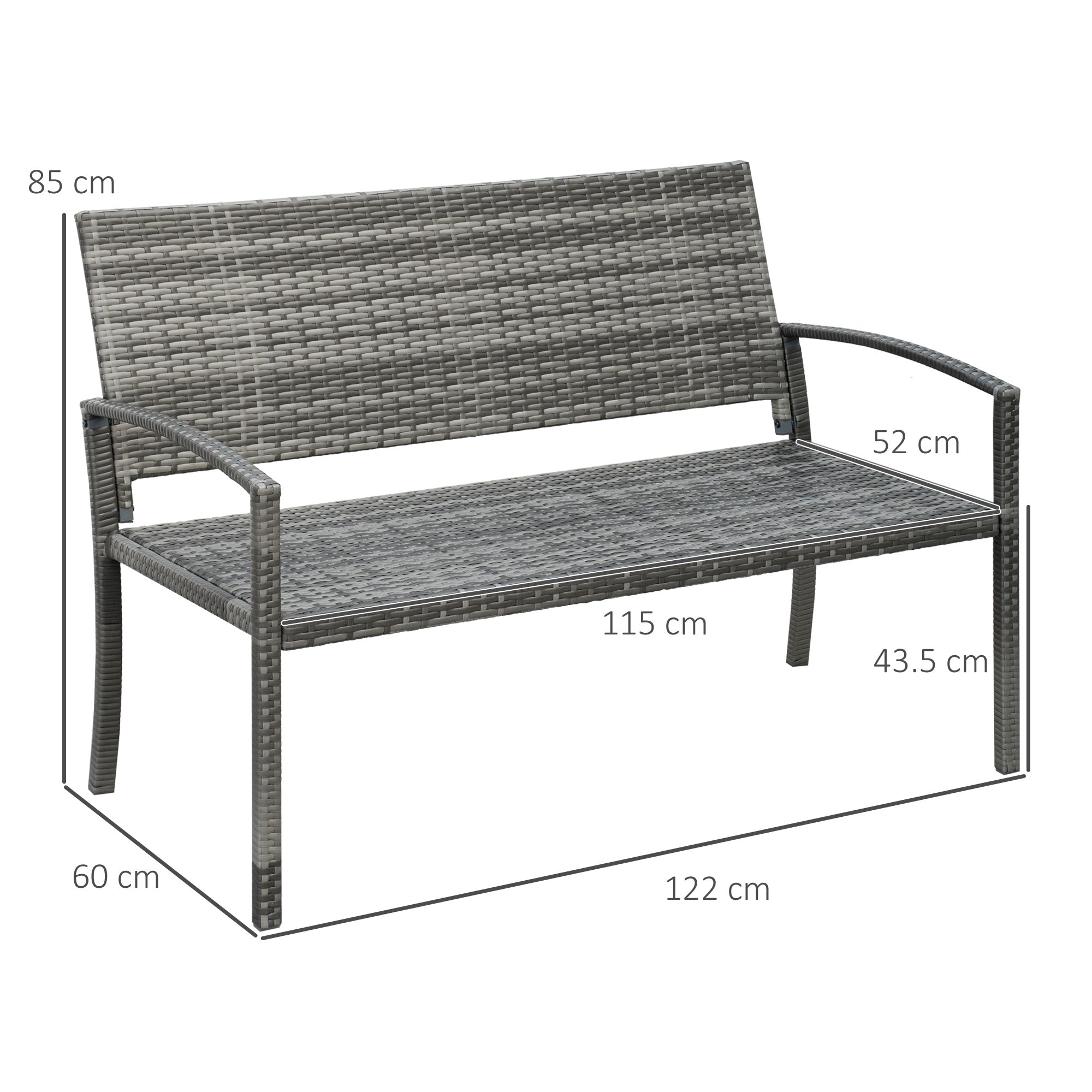 Gray woven wicker outsunny 2 seater garden bench with armrests dimensions labeled assembly required for outdoor use