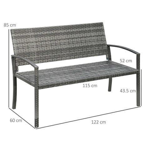 Gray woven wicker outsunny 2 seater garden bench with armrests dimensions labeled assembly required for outdoor use